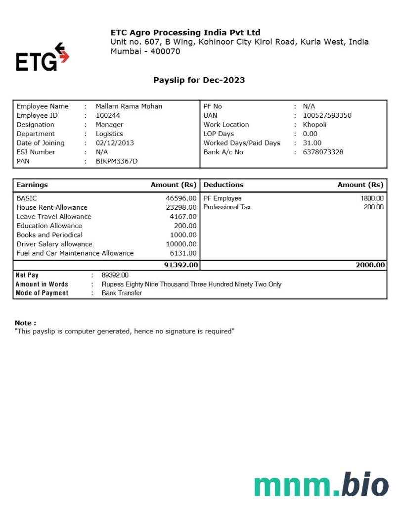 ETC Agro Processing India payslip template w formatach Word i PDF